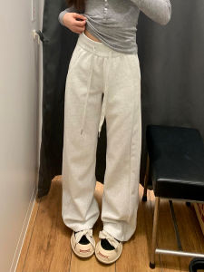 กางเกงวอร์มกีฬาขากว้างสีเทาดอกไม้สำหรับผู้หญิง ฤดูใบไม้ร่วง/ฤดูหนาว กางเกงขายาวทรงหลวมเอวสูงสำหรับผู้หญิงไซส์ใหญ่