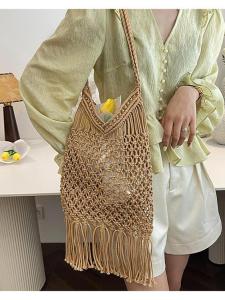Large Capacity Beach Bag Lazy Style Cotton Rope Tassel Handbag Woven Womens Bag Casual Open-Top Soft Cotton Shopping Bag