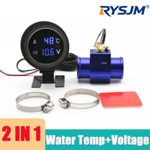 RYSJM | LED Digital Water Temp Gauge 2 in 1 Round Voltmeter With Temperature Sensor 1/8NPT Radiator Joint Pipe Adapter 26MM~40MM 12V24V