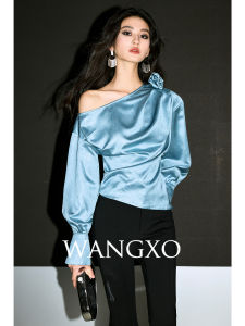 WANGXO | Áo Sơ Mi Đính Hoa Hồng Bất Đối Xứng Có Thể Tháo Dời Da Lấp Lánh Vân Nổi