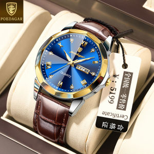 PODEAGAR casual watch for men waterproof genuine leather sapphire glass prismatic diamond calendar luminous watch