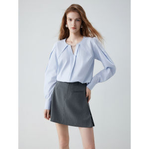 Elle | Blue V-Neck New Minimalist Work Casual Shirt