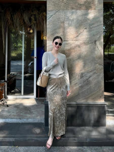 Elegant High Waist Velvet A-Line Skirt Long Ice Flower Pattern Spring New Arrival Commute Simple Style Polyester Fiber