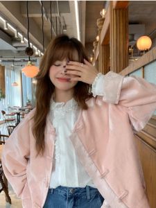 New Chinese Style Womens Jacket Pink Button Design Casual Top for Autumn Winter HARSIDE Brand Fashionable Outerwear