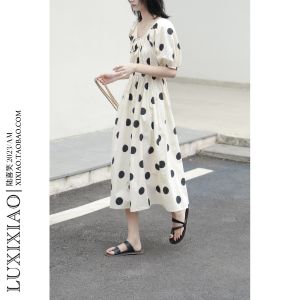 LUXIXIAO Womens Loose Bubble Sleeve A-Line Dress Butterfly Knot Back Design High Waist Polka Dot Korean Style Summer Dress