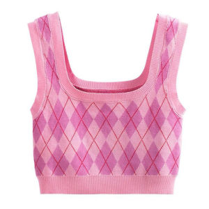 🦋 VEVE Korean Style Women Plaid Knitted Crop Top Summer Sleeveless Camisole