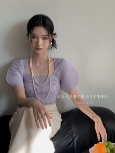 Áo Thun Dệt Kim Tay Ngắn Cổ Vuông Thanh Lịch Kiểu Pháp Mùa Xuân 2025 Phong Cách Mới Kiểu Pháp Cho Nữ Tay Bồng Ngắn Chất Lượng Cao Cấp