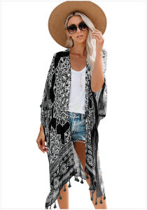 2024 European and American seaside vacation print tassel cover up casual medium length loose beach cardigan jacket for women