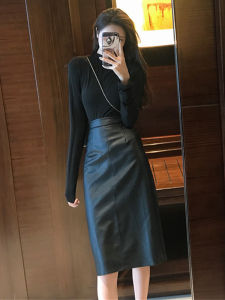 Black High Waist PU Leather Mini Skirt Womens Autumn New Straight Cut Half Body Skirt mid Length Back Split Bodycon Skirt