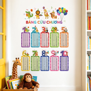 Decal Dán Tường Bảng Cửu Chương Cùng Động Vật Vườn Thú Giúp Bé Học Toán Có Keo Sẵn 60x82cm