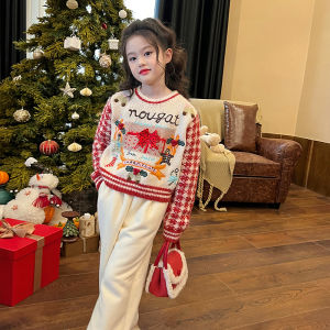 Christmas Theme Girls Knitted Sweater Embroidered Plaid Design Autumn Fashion Kids Clothes Soft Comfortable Medium Thickened