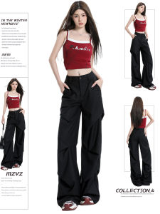 Quần Ống Rộng Cạp Thấp Phong Cách Mỹ Cho Nữ Mùa Hè Mới Thiết Kế Gấp Quần Dài Thường Ngày Màu Đen Quần Công Sở