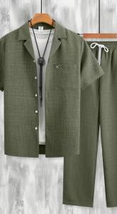 Mens Minimalist Pocket Embroidery Set Textured Short Sleeve Shirt & Pants