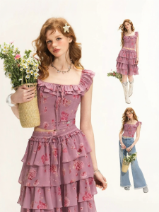 Unifree | Pink Floral Square Collar Chiffon Blouse