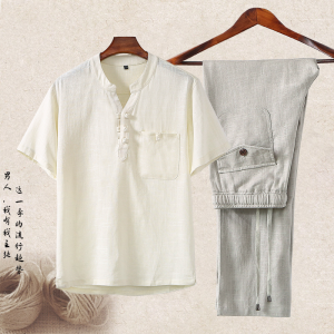Summer Linen Cotton Sportswear Set Mens Thin Short Sleeve Loose Fit V-Neck T-Shirt Business Gentleman Style Retro Ethnic Pattern