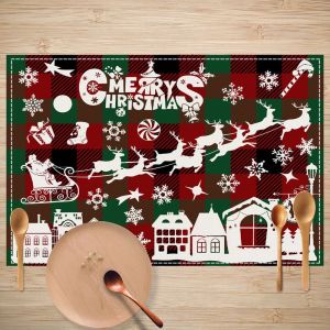 VIKAMA Christmas Placemats Set of 4 Red Green Buffalo Plaid Xmas Santa Reindeer Snowflake Table Mats Heat Resistant Dining Decor