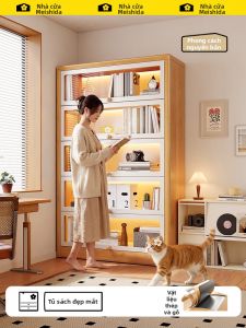MEISD | Steel Bookcase with Glass Display and Storage Wooden Look Freestanding Shelf
