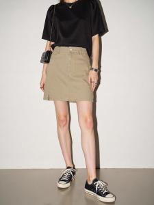 Basic House | Khaki Denim A-line Mini Skirt Cotton High Waist