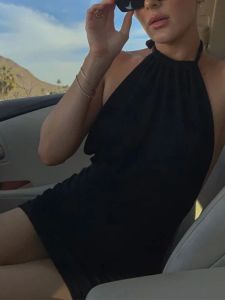 ชุดเดรสแขนกุดคอวีเปิดหลังสำหรับผู้หญิง ทรงเอ เดรสฤดูร้อนสีพื้น ชุดราตรียาวปานกลาง โพลีเอสเตอร์