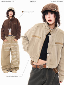 Retro Workwear Loose Short Jacket Multiple Pockets Fall Ready Biker Style Stand Collar