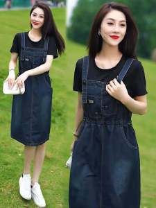 ชุดเดรสยีนส์ทรงเอเอวสูงสไตล์เกาหลีสำหรับฤดูร้อน กระโปรงทรงเอเข้ารูป แขนสั้น คอตั้ง ชุดทำงานสไตล์เกาหลี