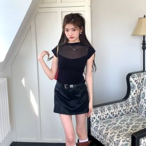 💗PinkP💗8190 เสื้อยืดคอกลมตาข่าย สไตล์เซ็กซี่ รอบอกยืดได้