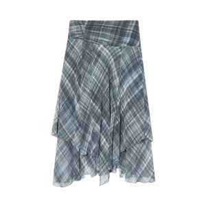 HH Women Vintage Plaid Midi Skirt Irregular Hem High Waist Pleated Skirts Female Casual Fashion High Street Lady Chic Skirts