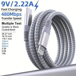 LAIHONEN 9V2.22A USB-C to Lightning Cable Durable Nylon Braided Fast Charging Data Cord Gray-White Black-Gray For iPhone