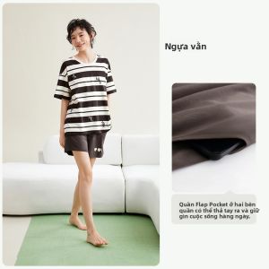 yuenei | Bộ đồ ngủ cotton mùa hè cho nữ Bộ đồ mặc nhà giản dị có tay ngắn quần short họa tiết sọc cỡ lớn thoải mái thoáng khí