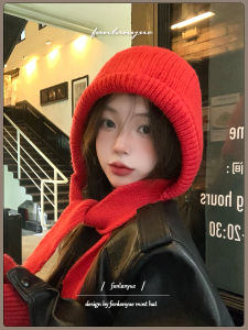 Red Knitted Woolen Scarf Hat for Women Winter Warm Face Slimming Style Cap Sweet Cute Style No Brim round Top for Shopping