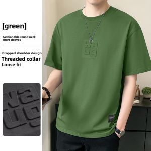 ROMON | Lormen Mens Pure Cotton Short Sleeve T-shirt Summer Thin Printed Round Neck Casual Fashionable Ice Silk Top Urban Style