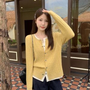 AIYITI | Stylish Yellow Knit Cardigan 2026 Spring New Plus Size Faux Two-Piece