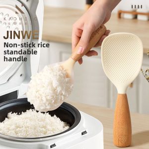 Silicone Rice Spoon with Wooden Handle Paddle Standing Rice Spatula Heat Resistant Rice Cooker Spoon Household Kitchen Supplies