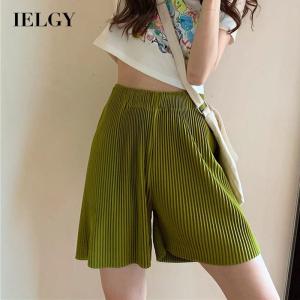 IELGY womens Korean style pleated wide-leg shorts with elastic waist and five-point pants