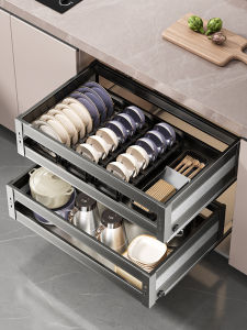Aluminum Alloy Kitchen Cabinet Pull out Basket Double Layer Drawer Style Pot And Pan Storage Rack Dishware Basket Household