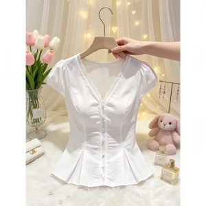 Shalldoer | Lace Trim Back Tie Waist Short Sleeve Blouse