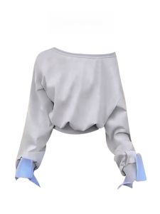 เสื้อสเวตเตอร์คอเฉียงแขนสั้นหลวมๆ สำหรับผู้หญิง ฤดูใบไม้ร่วง/ฤดูหนาว สีเทา ดีไซน์แขนสองชิ้นปลอม ทรงเข้ารูป แขนยาว ปกติ