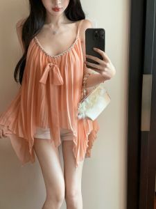 GUZILIAN | Unique Irregular Diamond Embellished Strap Vest Womens Summer Pure Desire One Shoulder Tube Top Thai Style Beautiful Chiffon Shirt
