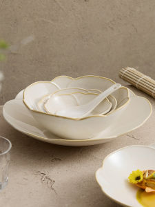 Beige Petal Ceramic Tableware Household Rice Bowl Soup Bowl Fish Dish Fancy Accessible Luxury Plate Bowl Minimalist Noodle Bowl