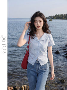 YOUXIANG | Áo Sơ Mi Ngắn Tay Họa Tiết Caro Xanh Đẹp