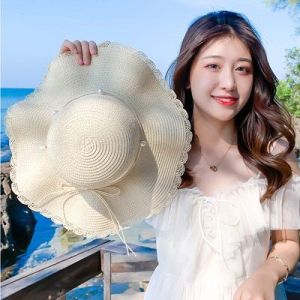 Fashionable Pearl Woven Straw Hat Womens Summer Sun Protection Beach Sandal Cap Casual Style Large Brim Flat Top Hat