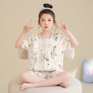 Girls Summer Sleepwear Pure Cotton Lightweight Short Sleeve Childrens Home Clothes Set Comfortable Breathable Casual Style