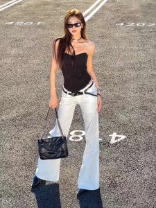 กางเกงยีนส์ทรงขาบานเอวต่ำสีขาว กางเกงขายาวทรงตรงสำหรับผู้หญิง กางเกงขายาวทรงขากว้าง ทรงสลิมฟิต ทรงขาบาน ทรงบาง ฤดูใบไม้ร่วง