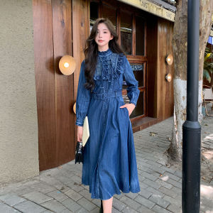 Blue New Chinese Style Embroidered Denim Dress Womens Spring Autumn Slimming Long Waist-Cinching A-Line Skirt Casual