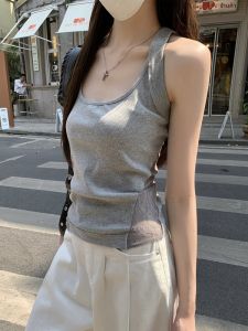 เสื้อกั๊กแขนกุดผ้าลูกไม้สไตล์อเมริกันสำหรับผู้หญิง ทรงเข้ารูป คอเหลี่ยม ดีไซน์ไม่ซ้ำใคร เสื้อผ้าทำงานสไตล์เกาหลี