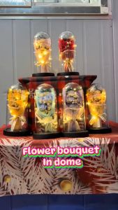 7Pcs Eternal Rose Flower Galaxy Rose Lamp Mini Flower Bouquet Anti-breakage Acrylic Cover Dome with LED Strip Lights and gift bag Romantic Gift for Valentines Day Girlfriend Christmas Birthday Wedding
