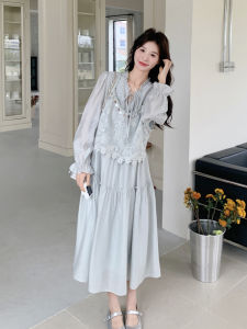 Blue Lace Halter Bubble Sleeve French Style Long Dress Two Piece Set Womens Spring Fashion Gentle Wind Dress Korean Version