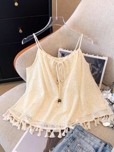 Áo Vest Không Tay Tua Rua Thắt Nơ Phong Cách Mùa Hè Cho Nữ Áo Khoác Ngoài Màu Nâu Nhạt Áo Khoác Ngoài Bằng Vải Polyester