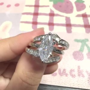 Huitan Geometric Design Women 3Pcs/Set Ring with Sparkling Marquise Cubic Zirconia Fashion Wedding Party Accessories Jewelry