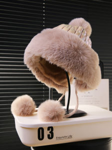 Sweet Cute Knitted Furry Lei Feng Cap Winter Ear Protection Ball Ball Tied Knit Hat Womens Style Comfortable Warm round Top